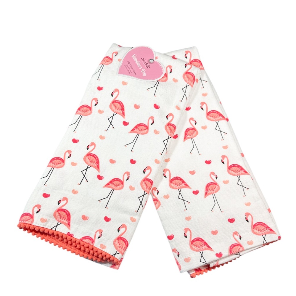 NEW Colordrift VALENTINE HEART & FLAMINGO Kitchen Towel Set/2